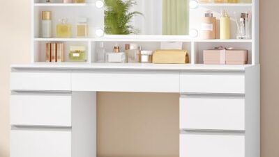 Hzuaneri Stort sminkbord med LED-belysning, 10 LED-ljuskulor, 3 färger, justerbar ljusstyrka, toalettbord med spegel, 9 lådor, 9 öppna hyllor, modern stil, vit-silver DT35703WV1