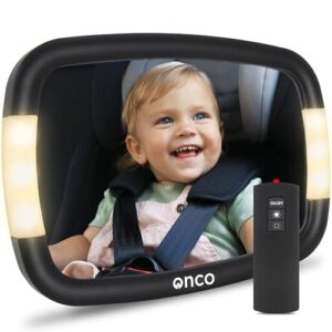 Onco LED Baby Car Mirror for Back Seat - 2 Light Modes, 100% Shatterproof Baby Mirror for Car Back Seat, 360° Adjustable Car Baby Mirror, Car Accessories & Newborn Essentials (Batteries not included)