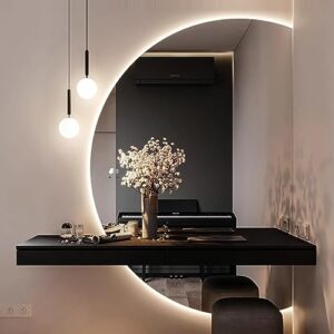 Zhoudong Antidimspegel, halvcirkelformad, LED-bakgrundsbelyst sminkspegel för heminredning, halvmåne, ramlös väggspegel, 70 x 100 cm, högerskuren
